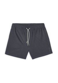 Tummanharmaat uimaportsit, jotka on valmistettu teksturoidusta kankaasta. Niissä on joustava vyötärö, jossa on valkoiset nauhat, ja sivutaskut.