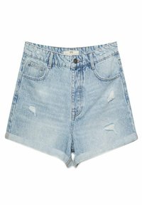 Jasnoniebieskie szorty dżinsowe z wysokim stanem, postrzępionym dołem, dwoma przednimi kieszeniami i przetarciami. Materiał jest lekko wyblakły z widocznym stębnowaniem.