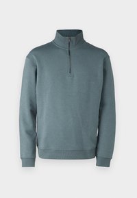 Felpa a maniche lunghe di colore blu ardesia con colletto rialzato e chiusura frontale a mezzo zip, polsini e orlo a coste.