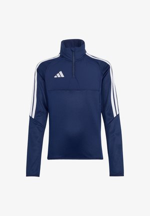 Granatowy sportowy top z długim rękawem, białymi paskami na ramionach, kołnierzem z suwakiem do ćwiartki oraz białym logo z trzema paskami na piersi.
