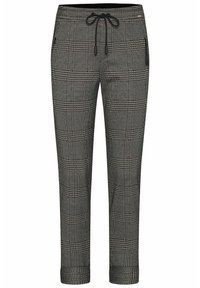 Pantalon à carreaux gris et noir avec taille à cordon, poche zippée sur le côté droit et revers aux chevilles.