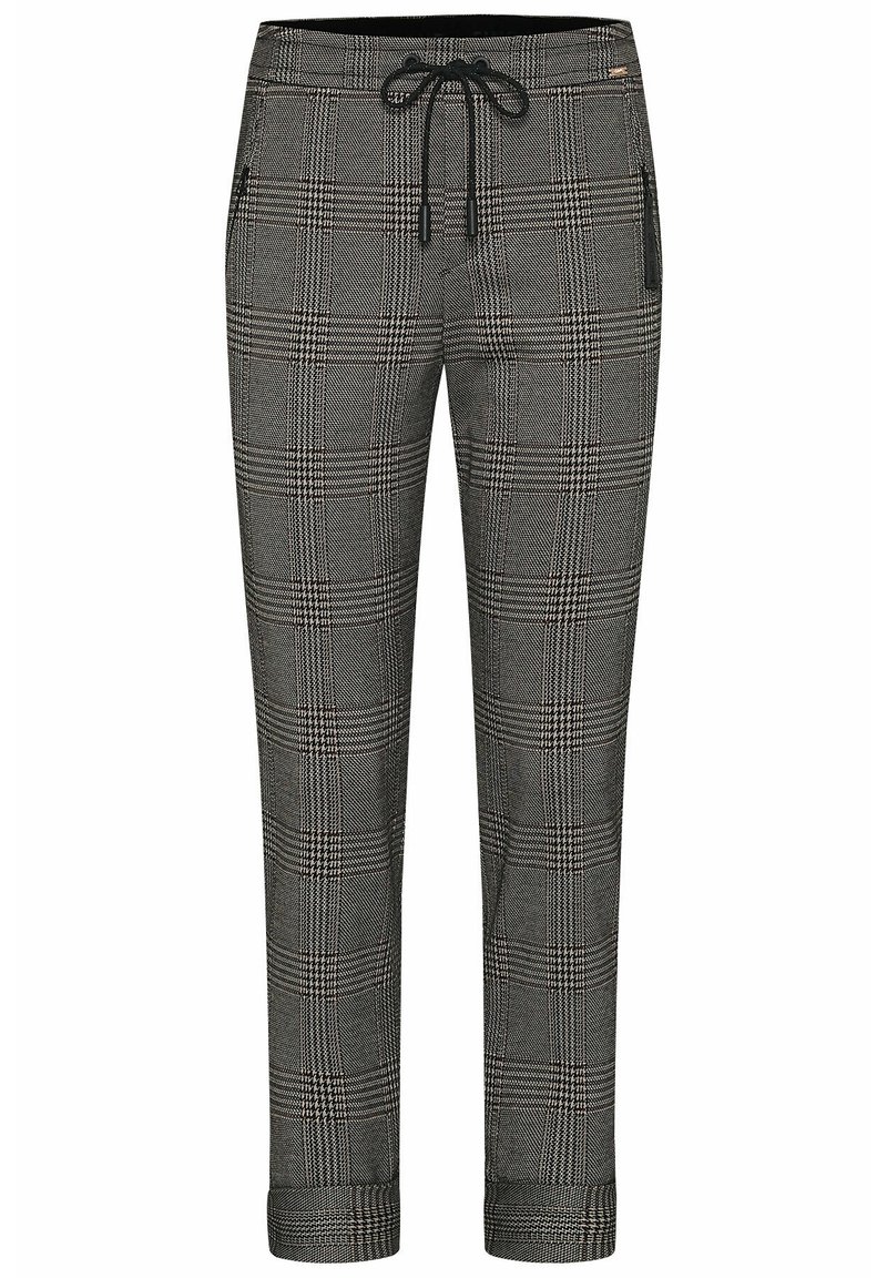 Pantalon à carreaux gris et noir avec taille à cordon, poche zippée sur le côté droit et revers aux chevilles.