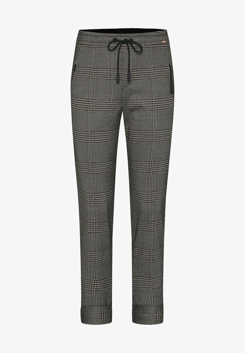 Pantalon à carreaux gris et noir avec taille à cordon, poche zippée sur le côté droit et revers aux chevilles.