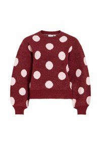 Suéter burdeos con grandes lunares rosas, cuello redondo y mangas largas. Textura suave con dobladillo y puños acanalados.