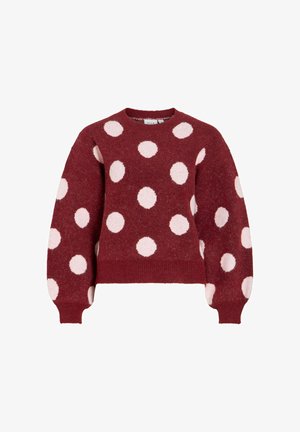 Maglione bordeaux con grandi pois rosa, scollo rotondo e maniche lunghe. Tessuto morbido con orlo e polsini a coste.