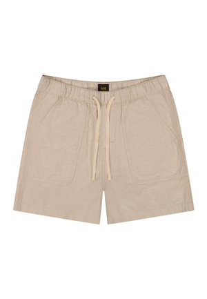 Beige Baumwoll-Shorts im Casual-Stil mit elastischem Bund, vorderem Kordelzug, großen aufgesetzten Fronttaschen und Lee-Markenlabel am Bund.