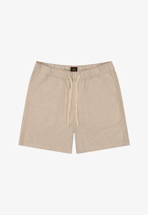 Beige Baumwoll-Shorts im Casual-Stil mit elastischem Bund, vorderem Kordelzug, großen aufgesetzten Fronttaschen und Lee-Markenlabel am Bund.