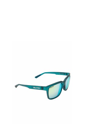 Gafas de sol Velites con montura color azul verdoso, lentes reflectantes azul-verde, forma rectangular y nombre de la marca en la patilla y la esquina de la lente.