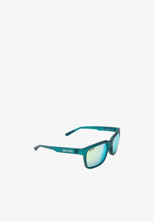 Gafas de sol Velites con montura color azul verdoso, lentes reflectantes azul-verde, forma rectangular y nombre de la marca en la patilla y la esquina de la lente.