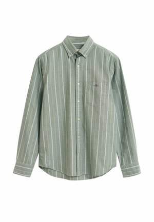 Green striped long-sleeve button-up shirt, cotton fabric, featuring a collar, front pocket, and subtle logo on the chest.