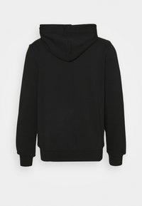 Sweatshirt à capuche noire, tissu doux, manches longues, poignets et ourlet côtelés, design minimal, sans logos ni motifs visibles. Vue arrière montrée.