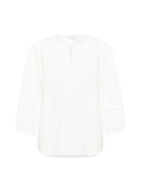 White blouse with a round neckline, vertical slit, and three-quarter puff sleeves. Features eyelet accents on the sleeves. Soft cotton fabric.
