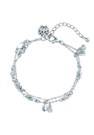 Bracciale in argento con link ovali, ciondoli rotondi e a goccia, e piccole embellishments in cristallo trasparente. Presenta una chiusura a moschettone e una catena di estensione.