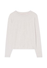 Långärmad ljusgrå tröja med rund halsringning, något kortare fåll och mjuk tygtextur.