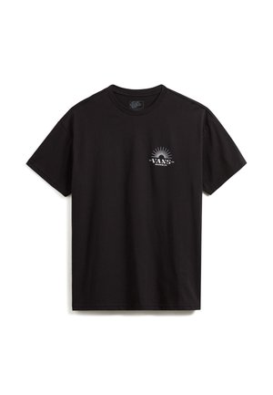Black cotton t-shirt featuring a logo on the left chest, rounded neck, short sleeves, and a relaxed fit. Smooth texture.