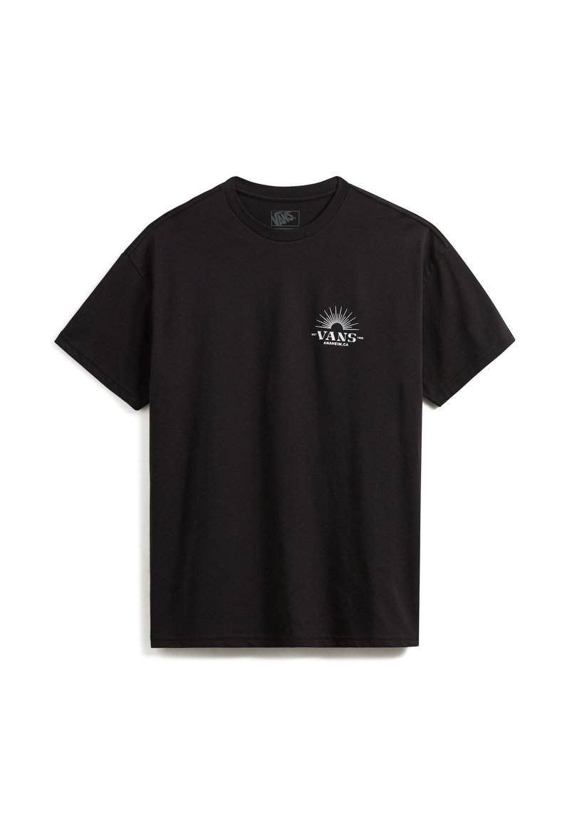 Zwarte katoenen t-shirt met een logo op de linkerborst, ronde hals, korte mouwen en een relaxte pasvorm. Glad textuur.