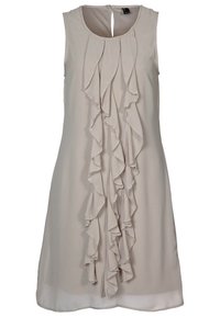 Beżowa sukienka bez rękawów z falbaną z przodu, miękka tkanina, okrągły dekolt i zapięcie na plecach w kształcie łezki. Idealna na codzienną i półformalną odzież.