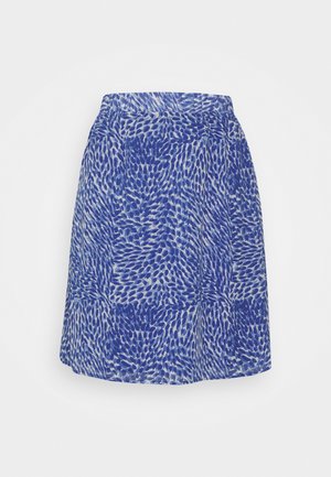 Saia azul com padrão, com uma cintura justa, apresentando um design em espiral em vários tons de azul sobre um fundo claro.