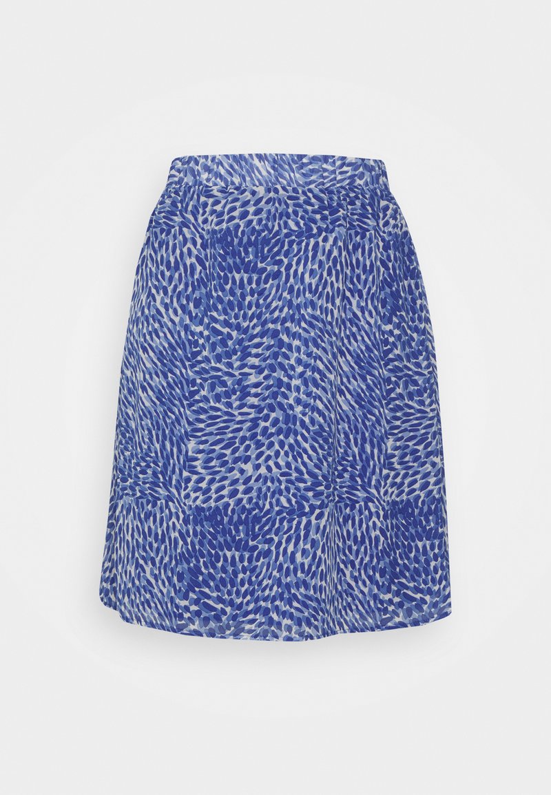 Saia azul com padrão, com uma cintura justa, apresentando um design em espiral em vários tons de azul sobre um fundo claro.