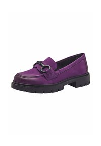 Purple leather slip-on shoe with a low black rubber sole, featuring a prominent decorative buckle on the front and flat stitching details.