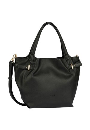 Schwarze Lederhandtasche mit zwei Griffen, verstellbarem Schultergurt und goldfarbenen Schnallendetails an den Seiten.