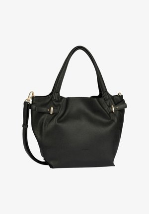 Borsa a mano in pelle nera con due manici, tracolla regolabile e dettagli con fibbie color oro ai lati.