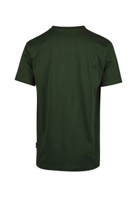 Grünes Baumwoll-T-Shirt mit Rundhalsausschnitt und kurzen Ärmeln. Glatte Textur in einheitlicher Farbe, ohne sichtbare Muster oder Akzente.