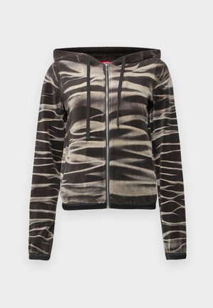 Sweat à zip noir et beige avec un motif ondulé, une capuche réglable avec cordon et des poignets et un ourlet côtelés. Fabriqué en tissu doux et texturé.