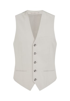 Licht beige formeel herenvest met vijf knopen en drie steekzakken aan de voorkant, getailleerde pasvorm, mouwloos, V-hals.