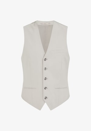 Vesta formală pentru bărbați, de culoare bej deschis, cu cinci nasturi și trei buzunare frontale, croială ajustată, fără mâneci, guler în V.