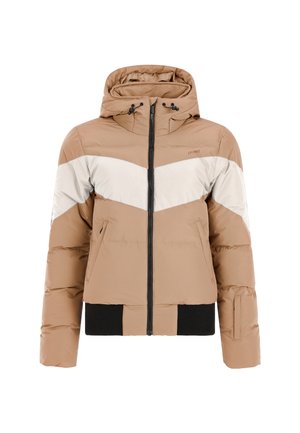 Veste rembourrée marron et crème avec un design en chevrons, capuche, fermeture éclair avant et poignets côtelés noirs. Elle possède deux poches latérales et un logo.