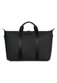 Borsa duffel nera con una finitura liscia e opaca. Presenta due manici superiori, una chiusura con zip e un design minimalista senza loghi visibili.