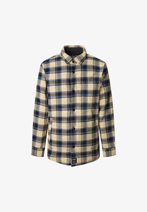 Hedvábná košile v krémové, námořnické a šedé kostkované vzoru; má rozšířený límec, zapínání na knoflíky a dlouhé rukávy s knoflíkovými manžetami.