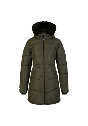 Gepolsterte Parka-Jacke in Olivgrün mit einer Kapuze aus Kunstfell, Reißverschluss und elastischen Bündchen für zusätzlichen Wärme. Vertikale Steppnähte.
