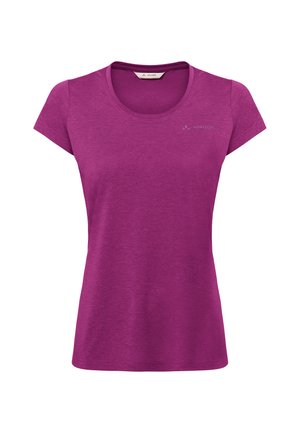 Lila T-Shirt für Damen mit kurzen Ärmeln, rundem Ausschnitt und kleinem Vaude-Logo auf der Brust.