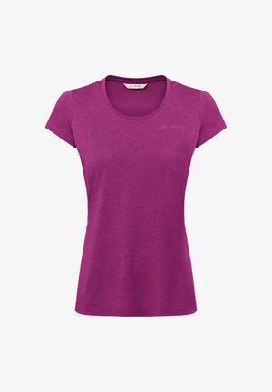 Lila T-Shirt für Damen mit kurzen Ärmeln, rundem Ausschnitt und kleinem Vaude-Logo auf der Brust.
