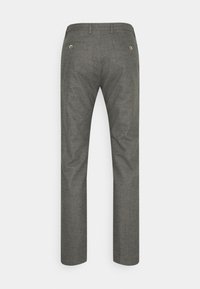 Gray trousers with a textured fabric, straight leg cut, two back pockets with button closures, and belt loops at the waistband.