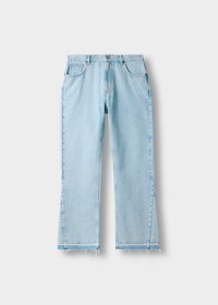 Light blue denim jeans with a straight leg design, frayed hem, and five-pocket style. Features subtle fading and standard button closure.