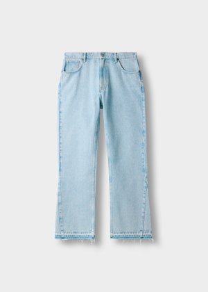 Light blue denim jeans with a straight leg design, frayed hem, and five-pocket style. Features subtle fading and standard button closure.
