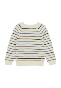 Sweter dzianinowy w kolorze kremowym z poziomymi paskami w odcieniach niebieskiego, zielonego, czarnego i brązowego. Okrągły dekolt oraz ściągacze na mankietach.