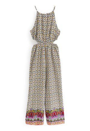 Combinaison sans manches avec bretelles fines, motif géométrique bleu marine et jaune, et bordure florale multicolore aux ourlets larges des jambes.