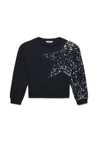 Felpa nera con un design a stella in paillettes sul lato sinistro del petto e sulla manica. Presenta un collo rotondo e polsini e orlo a costine.