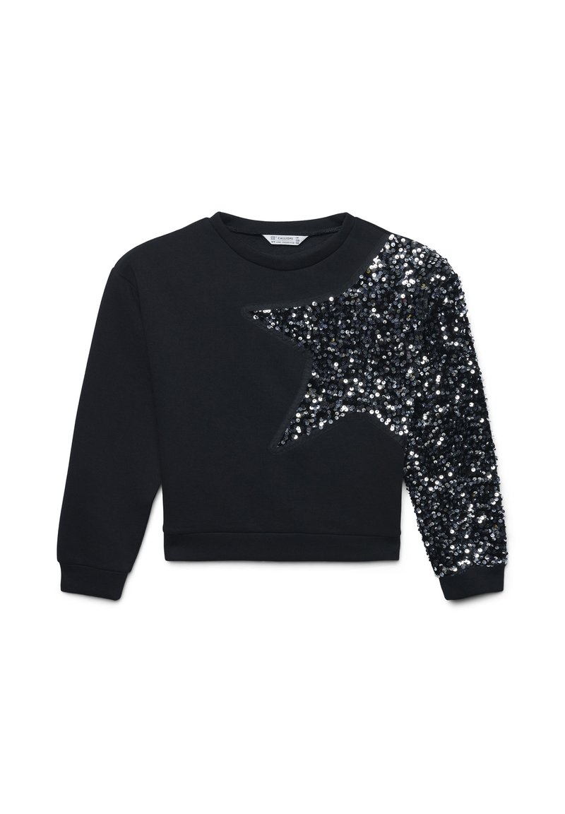 Felpa nera con un design a stella in paillettes sul lato sinistro del petto e sulla manica. Presenta un collo rotondo e polsini e orlo a costine.