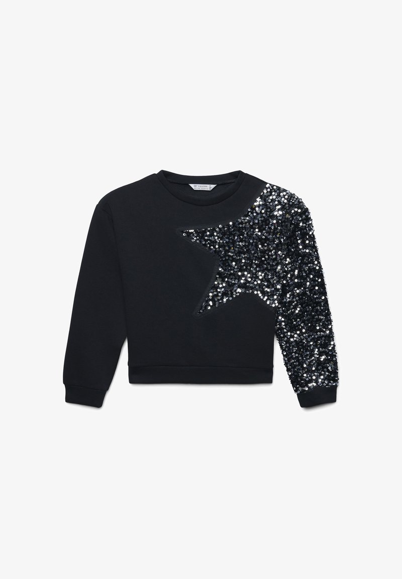 Felpa nera con un design a stella in paillettes sul lato sinistro del petto e sulla manica. Presenta un collo rotondo e polsini e orlo a costine.