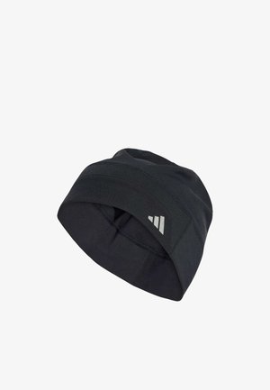 Gorro negro hecho de una tela suave con un borde doblado. Cuenta con un interior texturizado y un pequeno logotipo reflectante en el lado.