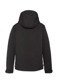 Czarna kurtka z kapturem o gładkim, matowym wykończeniu. Posiada elastyczne mankiety, taliowany pas oraz prosty, smukły krój.