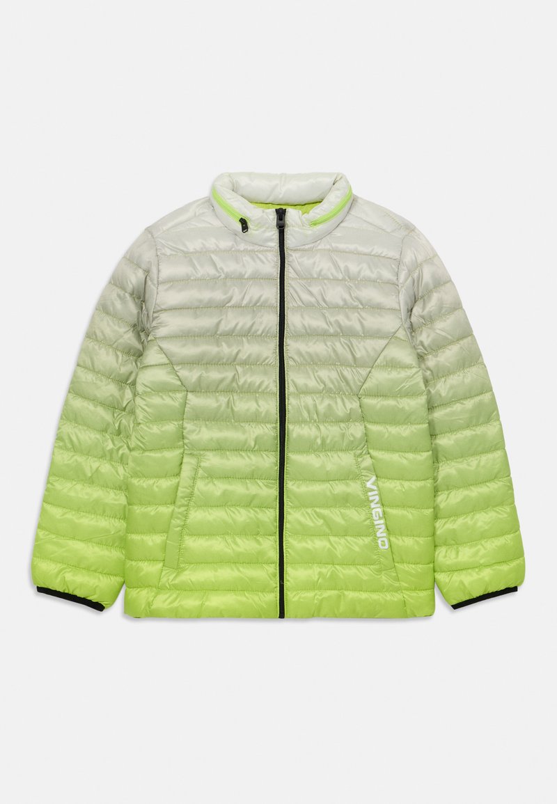 Jachetă puf dintr-un material ușor, cu un gradient de la gri deschis la verde lime strălucitor, având cusături orizontale, fermoar frontal și logo-ul Vingino.