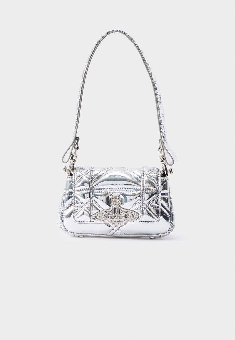 Silver metallic handbag with a quilted design, featuring a short handle, decorative hardware, and a smooth, glossy texture.