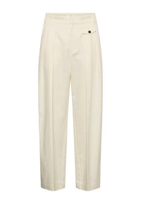 Pantalon crème taille haute avec plis devant, jambes larges raccourcies et petite poche à rabat avec un bouton noir sur le côté droit.