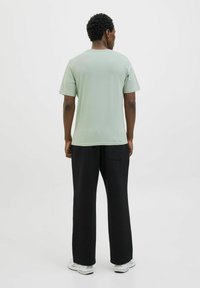Lysgrønt kortærmet t-shirt med rund halsudskæring. Kombineret med løstsiddende sorte bukser, der fremhæver en afslappet silhuet.